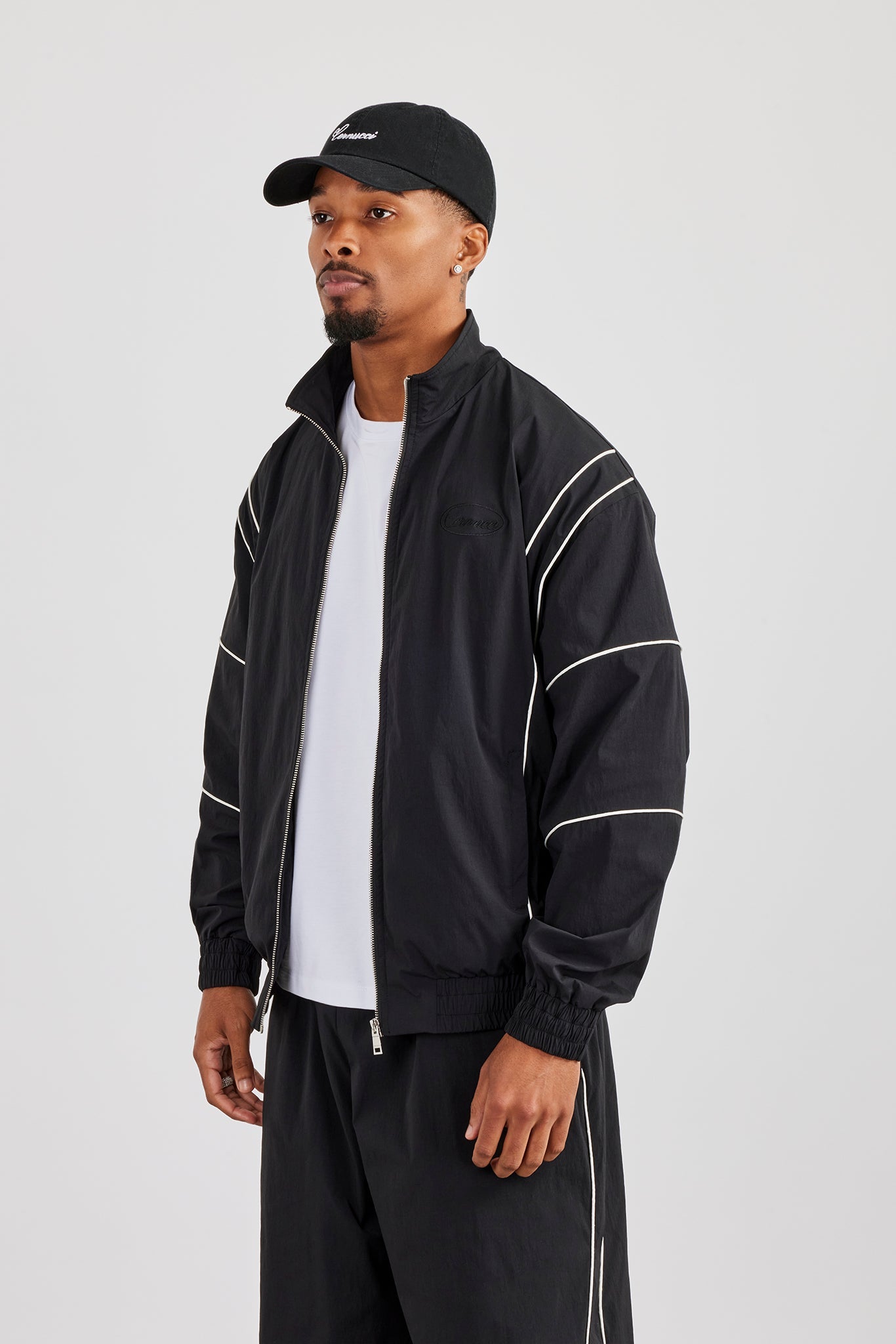 Nylon Piping Embroidered Track Jacket - Black | Mens Outerwear