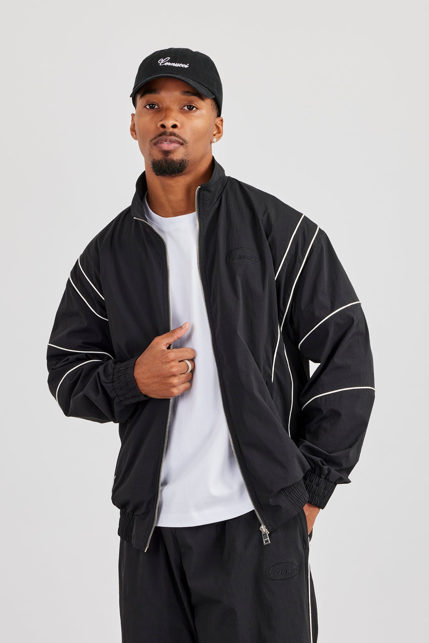 Nylon Piping Embroidered Track Jacket - Black