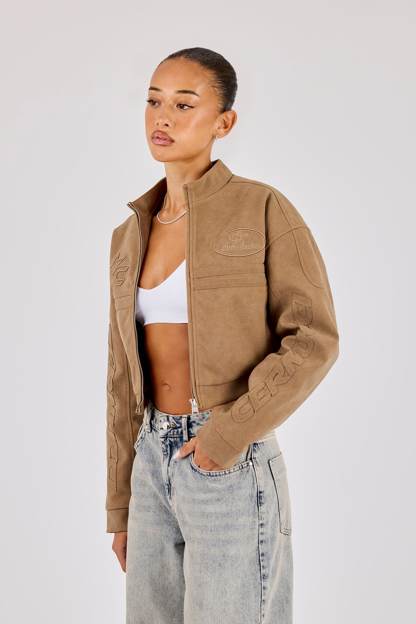 Women's Suede Applique Moto Jacket - Taupe | Womens Outerwear