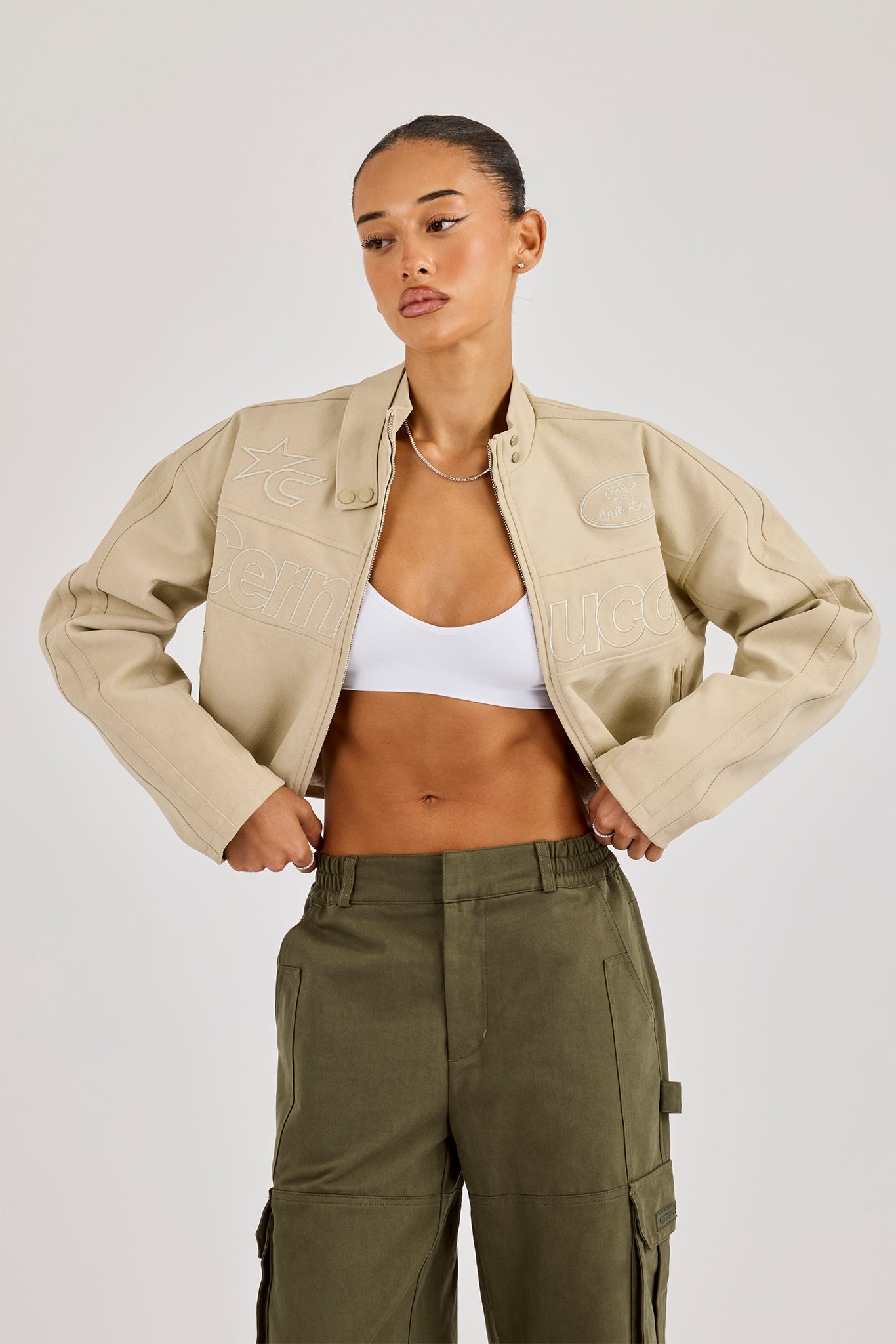 Suede Applique Moto Jacket - Beige