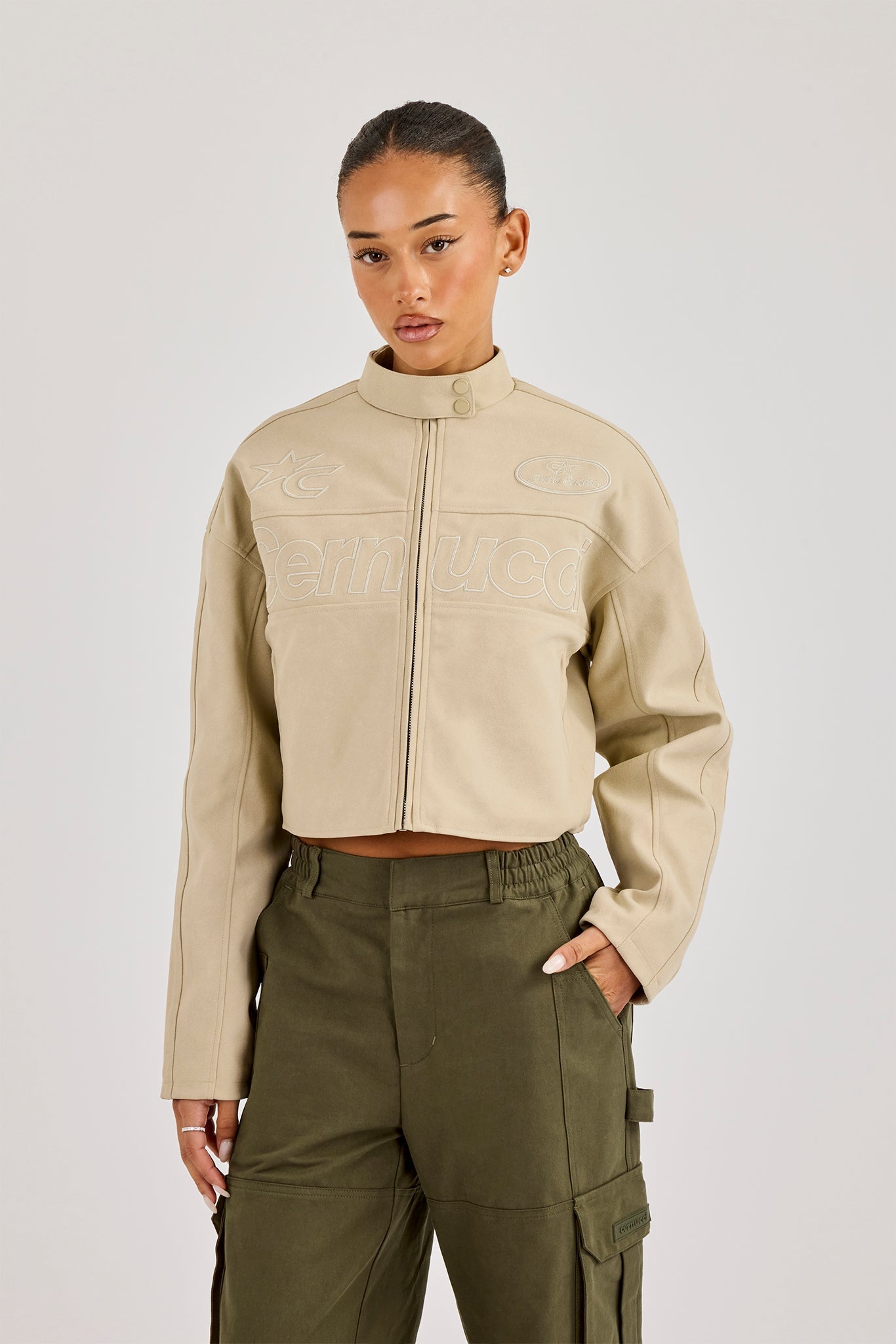 Suede Applique Moto Jacket - Beige