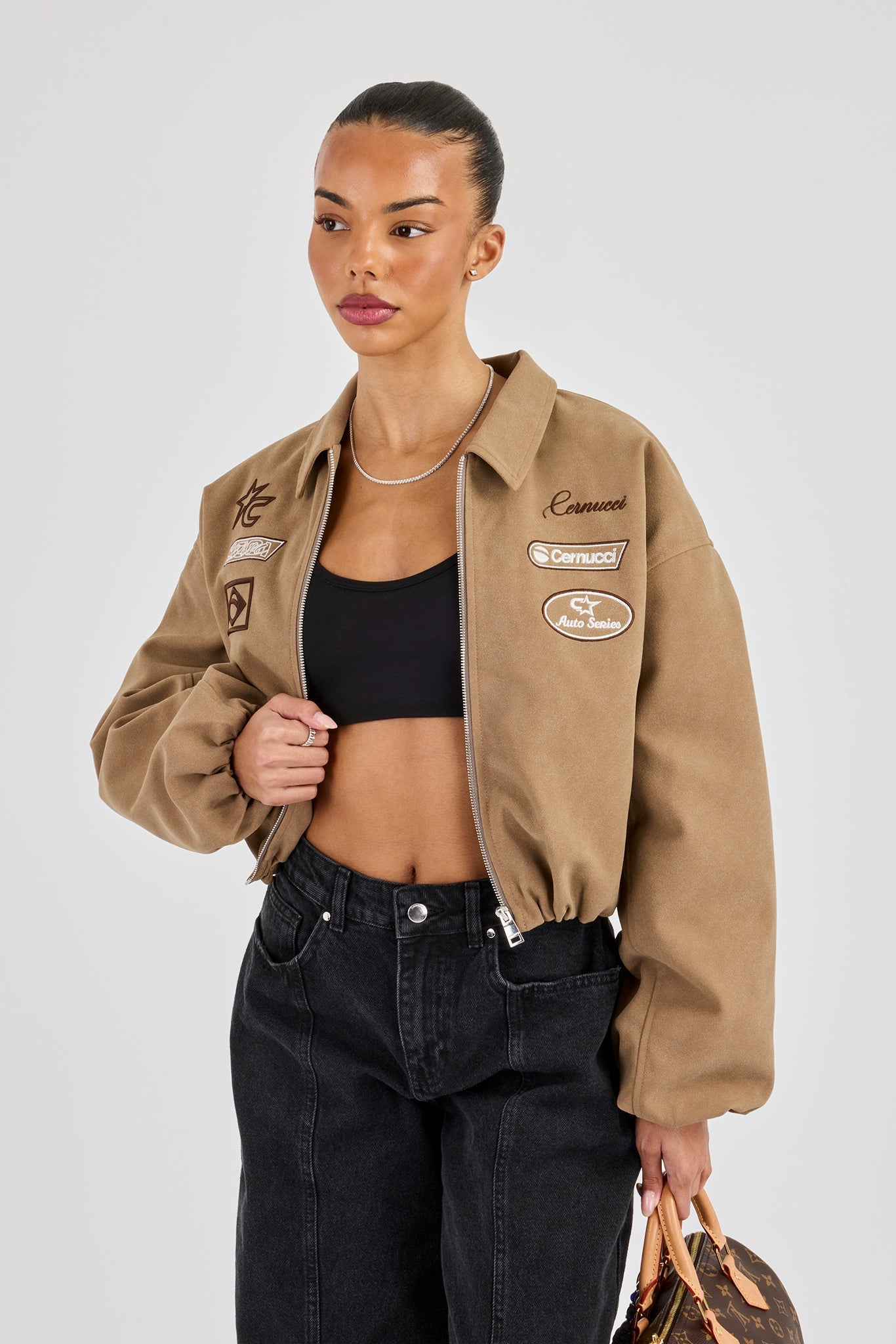 Suede Moto Badge Collared Bomber - Taupe | Womens Outerwear | Shop