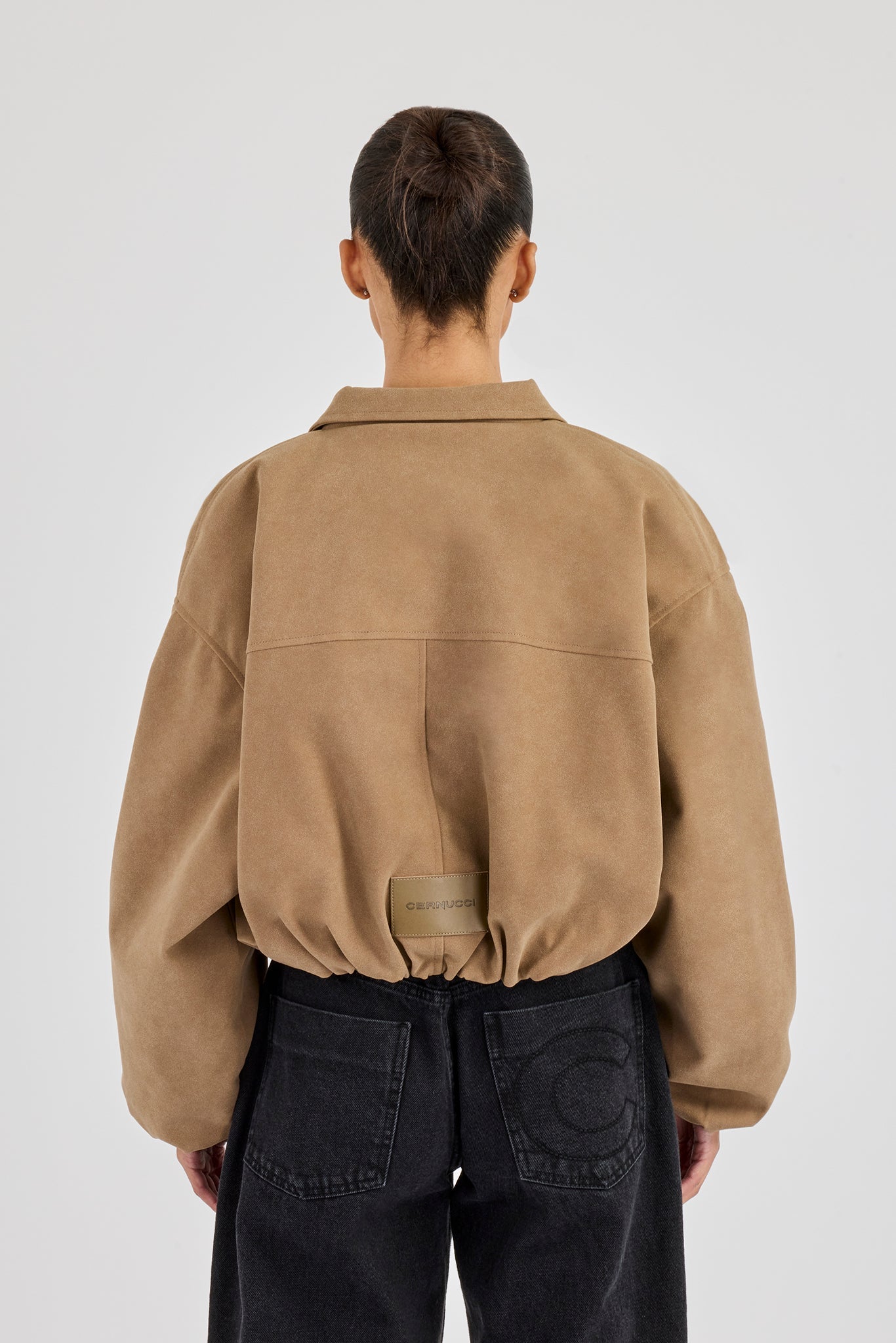 Suede Moto Badge Collared Bomber - Taupe