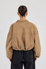 Suede Moto Badge Collared Bomber - Taupe