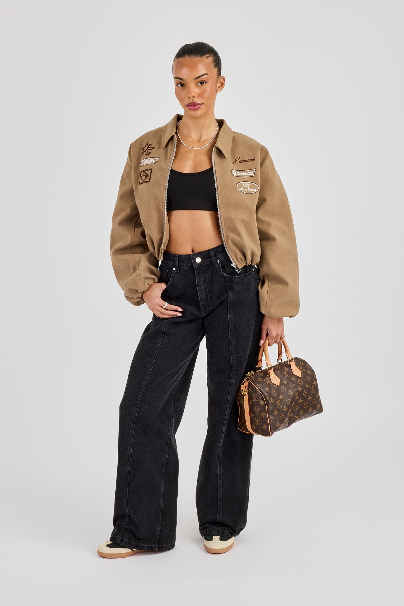 Suede Moto Badge Collared Bomber - Taupe | Womens Outerwear | Shop