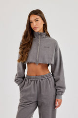 Washed Logo Super Crop Funnel Neck - Grey