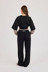 Cropped Oversized T-Shirt With Layered Shirt & Wide Leg Jogger - Black