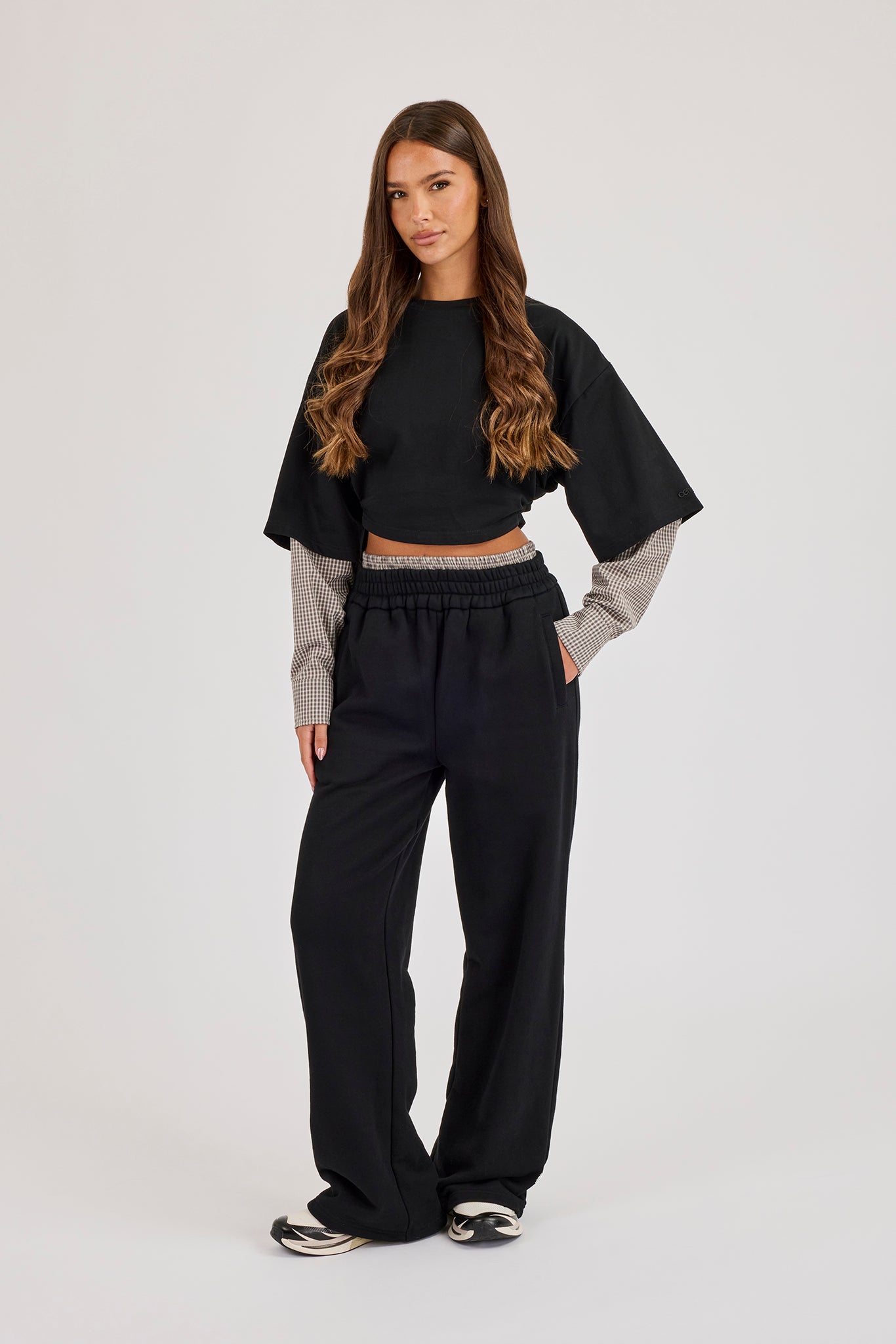 Cropped Oversized T-Shirt With Layered Shirt - Black