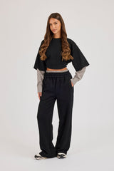 Cropped Oversized T-Shirt With Layered Shirt & Wide Leg Jogger - Black