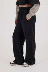 Faux Check Waistband Wide Leg Jogger - Black