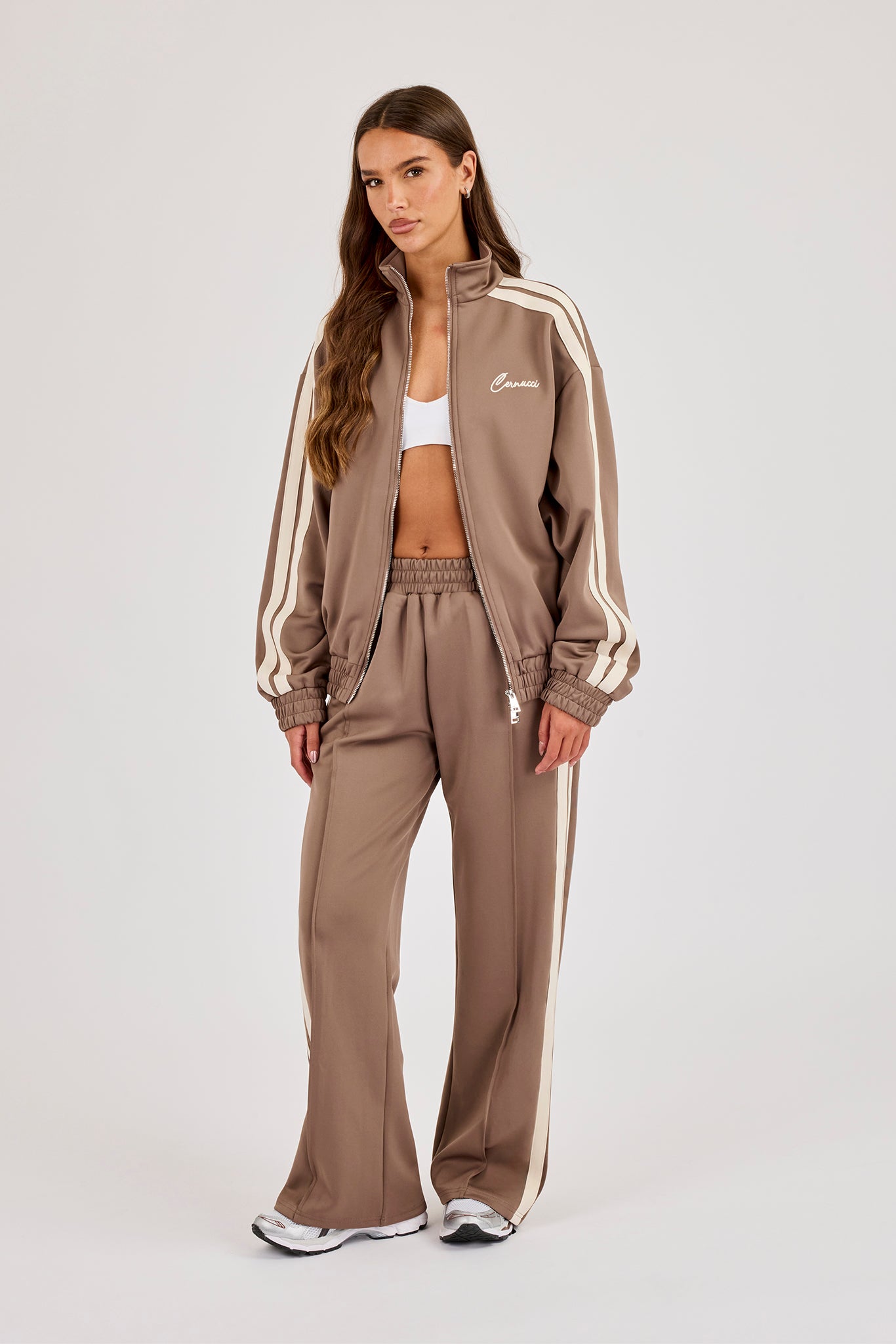 Funnel Neck Taping Zip Through Track Jacket - Taupe