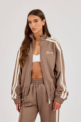 Funnel Neck Taping Zip Through Track Jacket - Taupe
