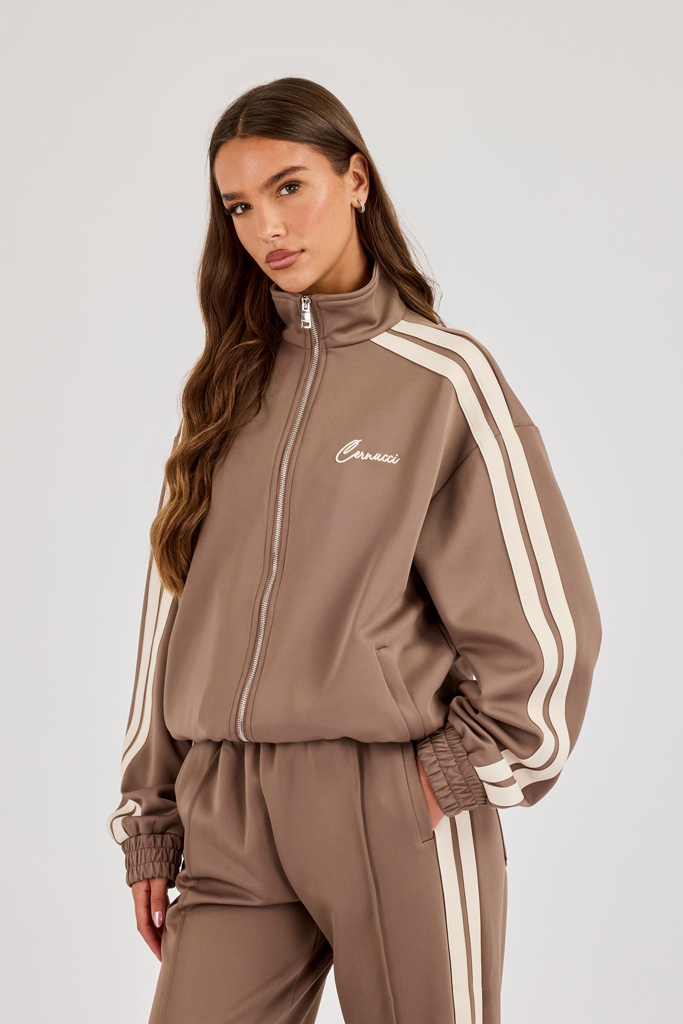 Funnel Neck Taping Zip Through Track Jacket - Taupe
