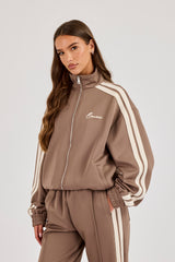 Funnel Neck Taping Zip Through Track Jacket - Taupe