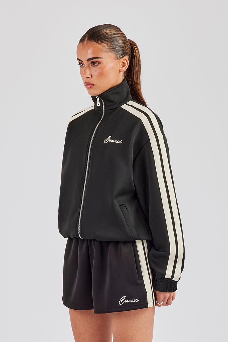 Funnel Neck Taping Zip Through Track Jacket & Short- Black