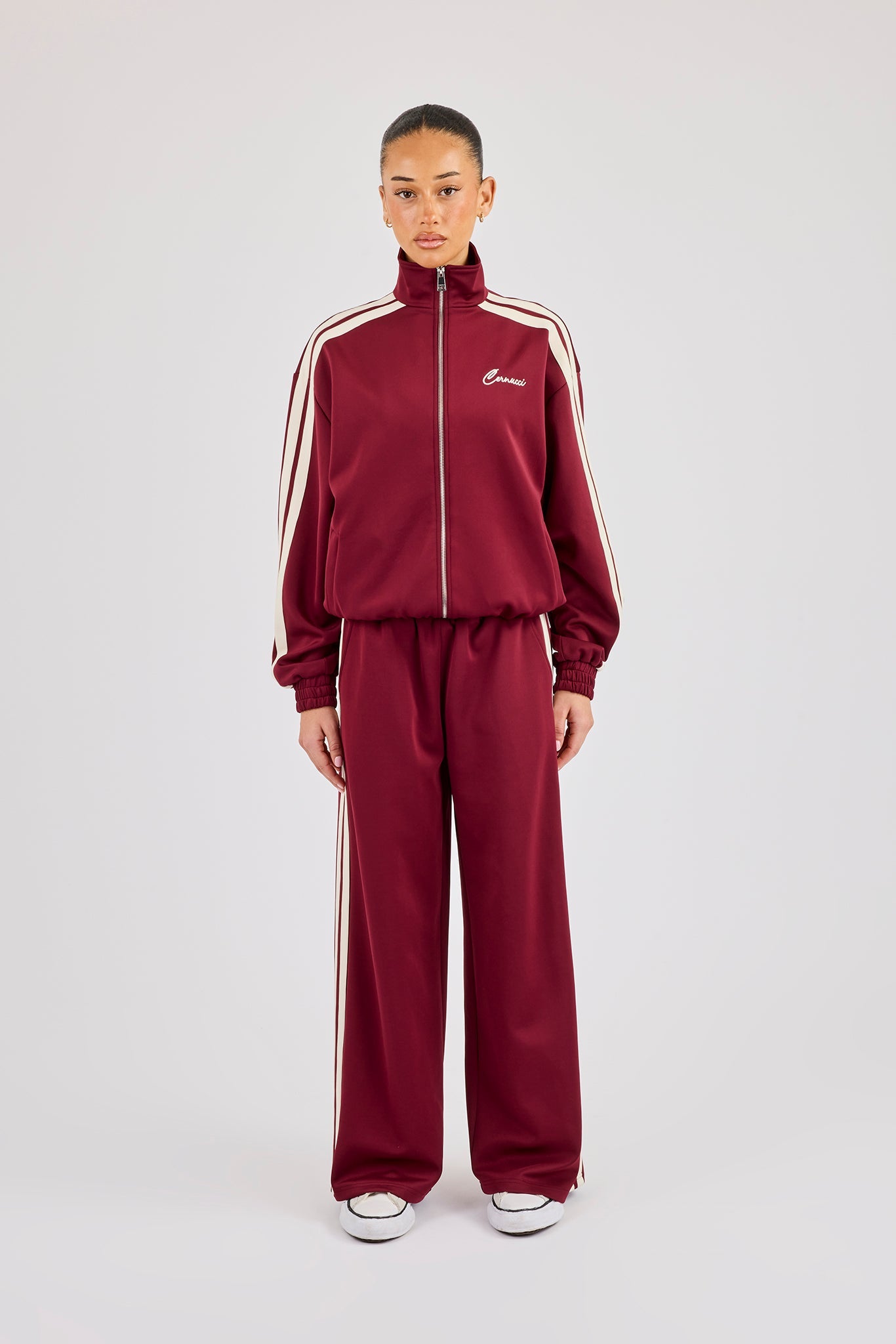 Funnel Neck Taping Track Jacket & Super Baggy Taping Pant - Burgundy