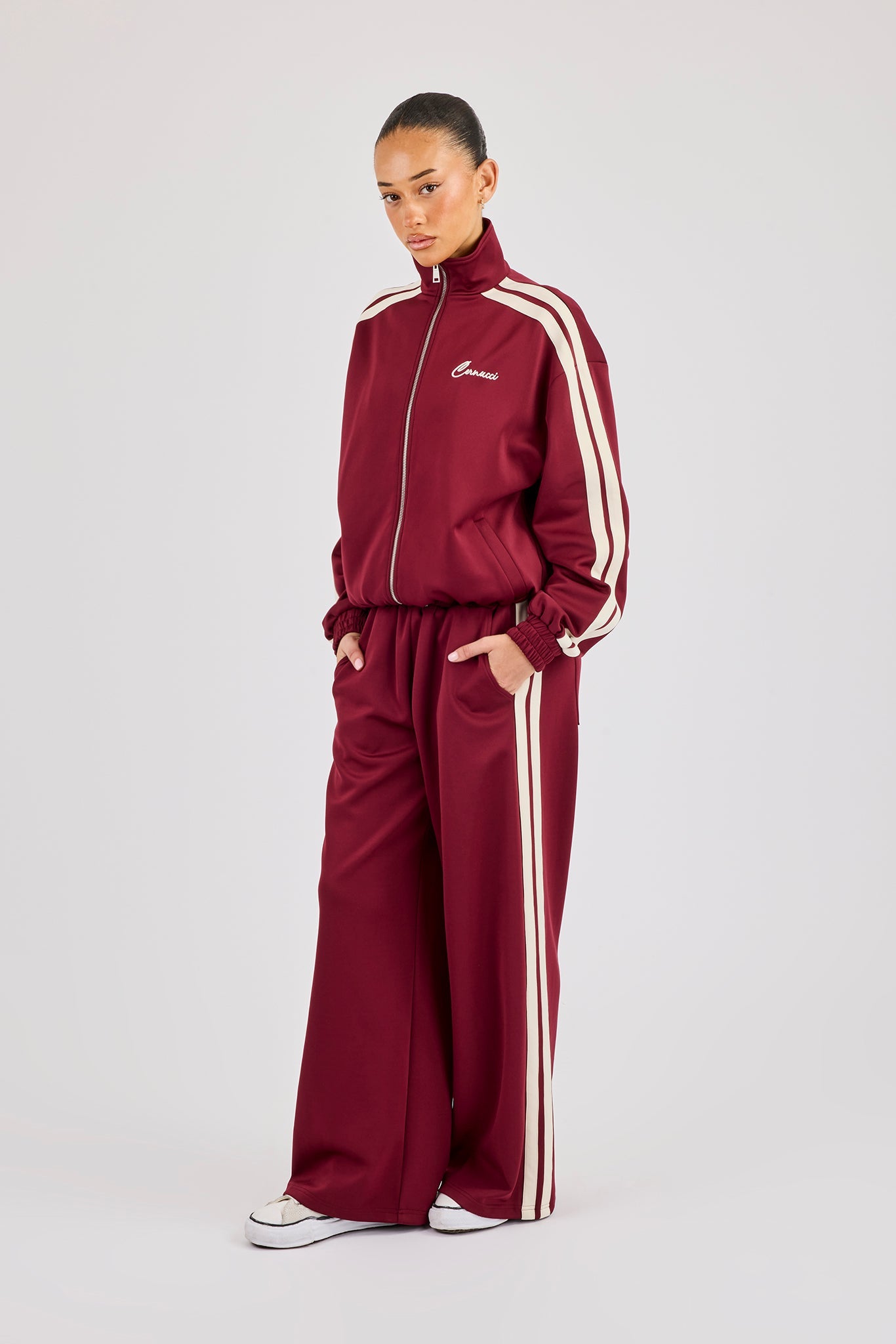 Funnel Neck Taping Track Jacket & Super Baggy Taping Pant - Burgundy