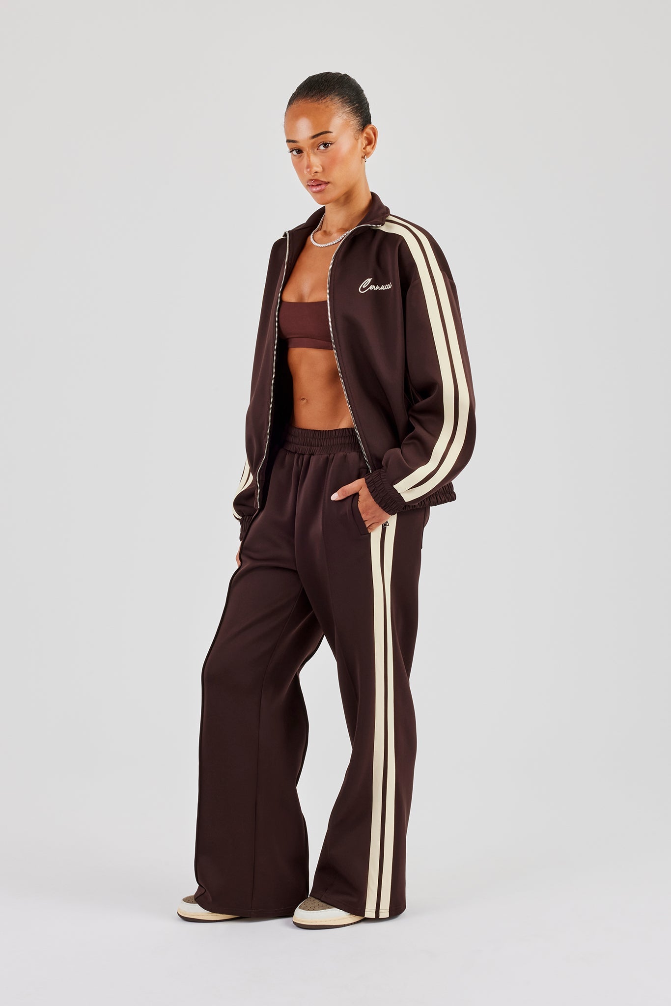Wide Leg Track Pant With Butter Yellow Taping  - Chocolate
