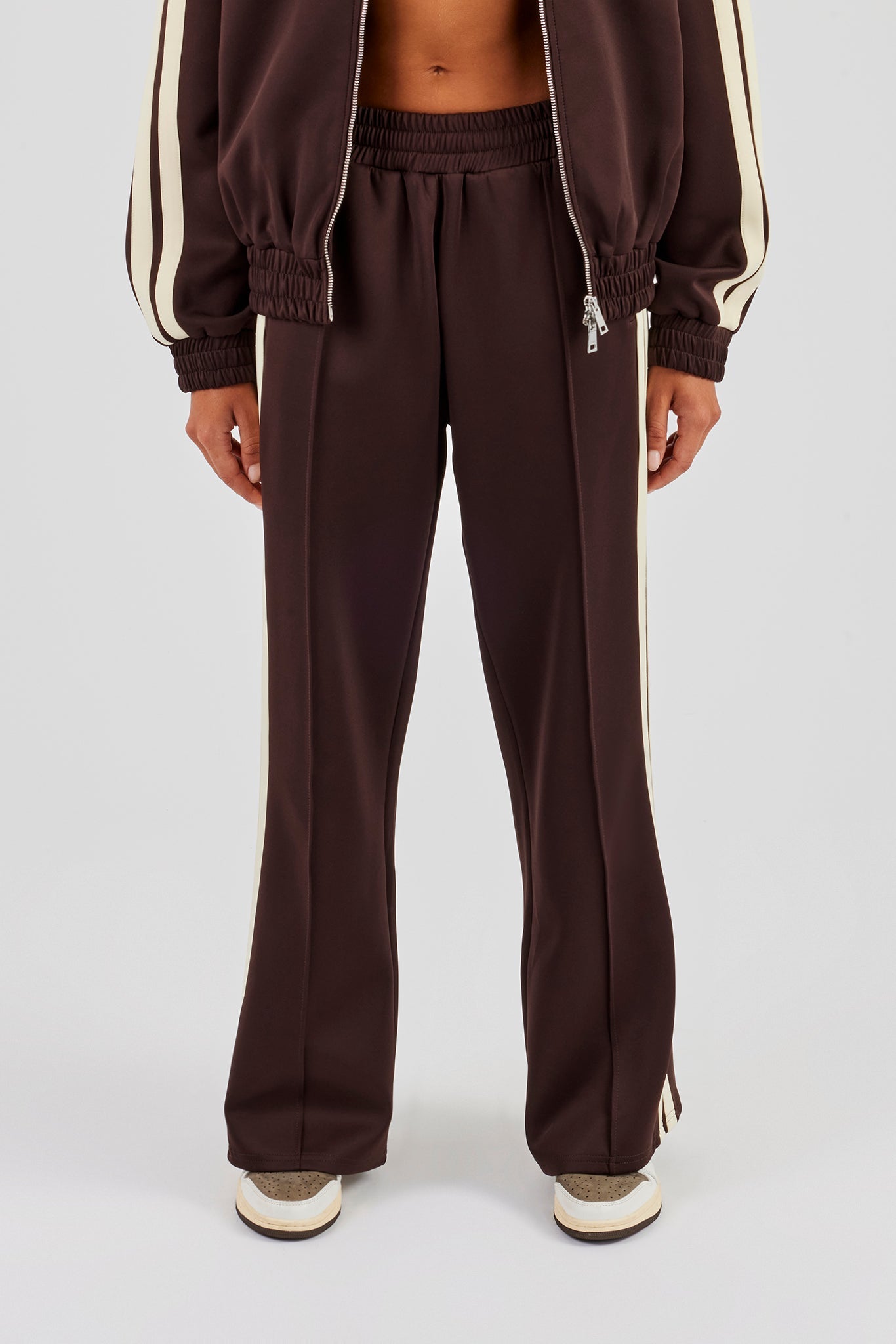 Wide Leg Track Pant With Butter Yellow Taping - Chocolate | Womens