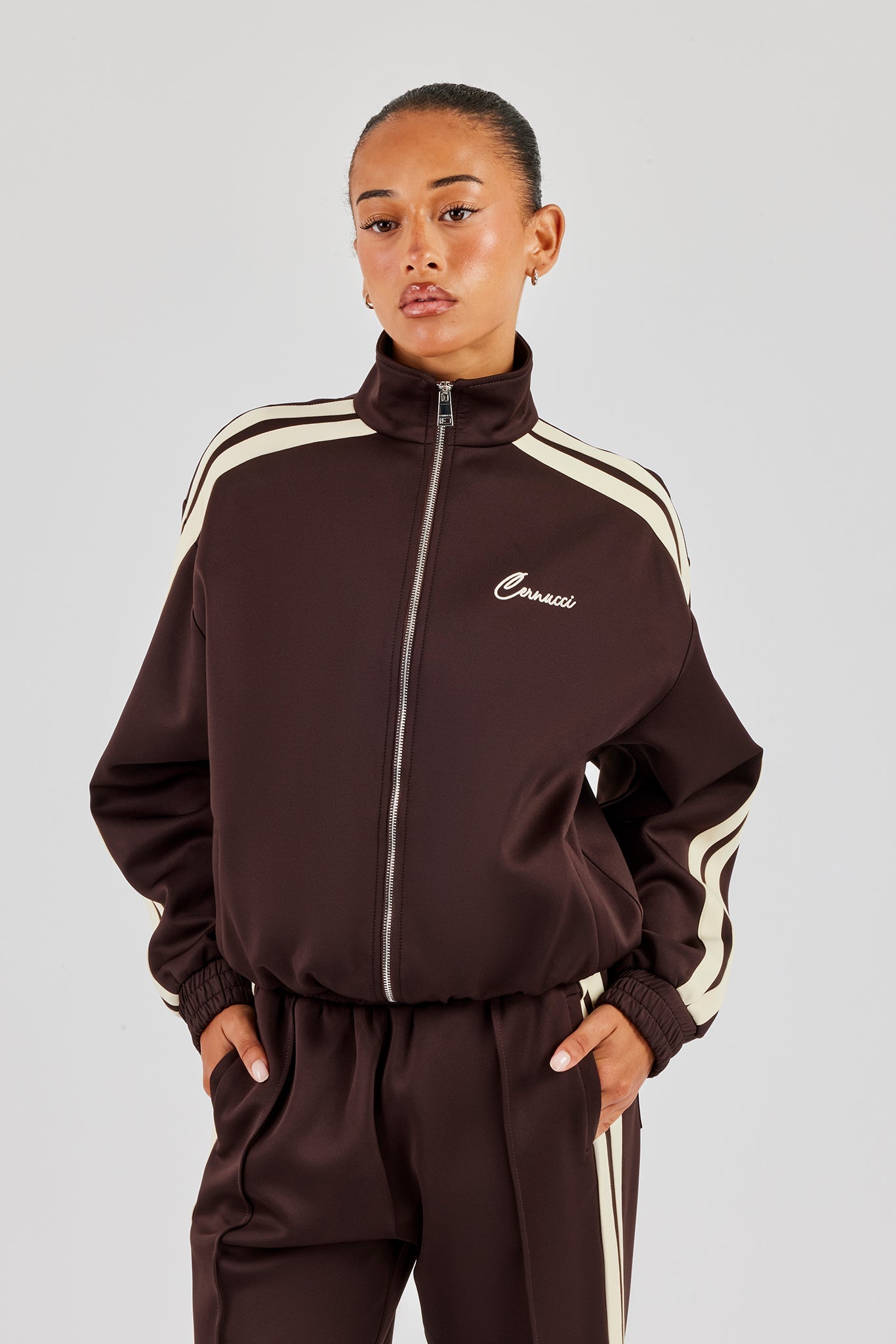 Funnel Neck Butter Yellow Taping Zip Through Track Jacket - Chocolate