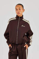 Funnel Neck Butter Yellow Taping Zip Through Track Jacket - Chocolate