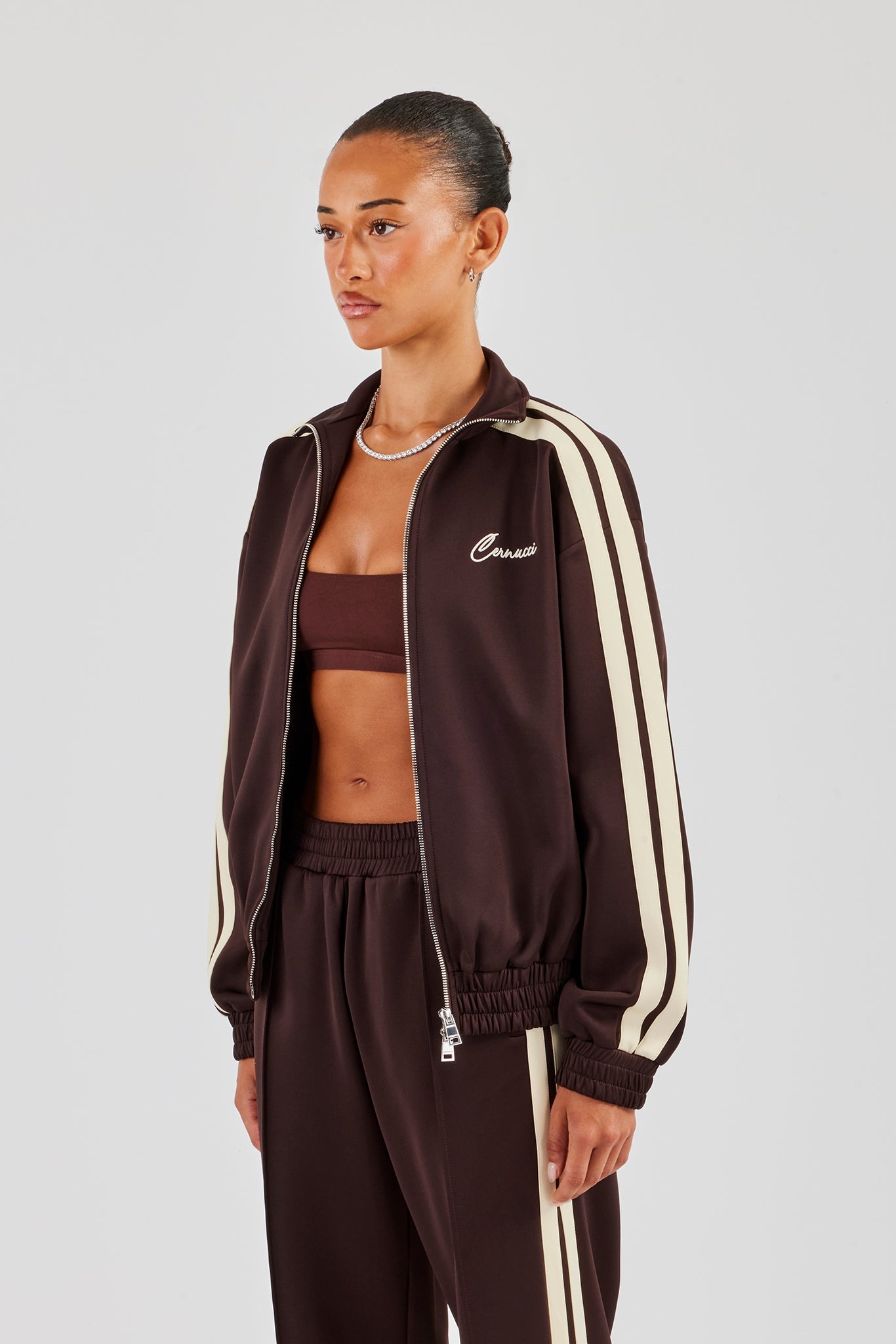 Funnel Neck Butter Yellow Taping Zip Through Track Jacket - Chocolate