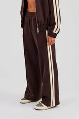 Wide Leg Track Pant With Butter Yellow Taping  - Chocolate