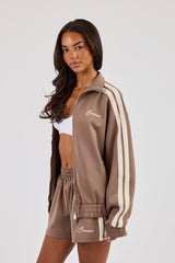 Funnel Neck Taping Zip Through Track Jacket - Taupe