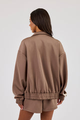 Funnel Neck Taping Zip Through Track Jacket - Taupe
