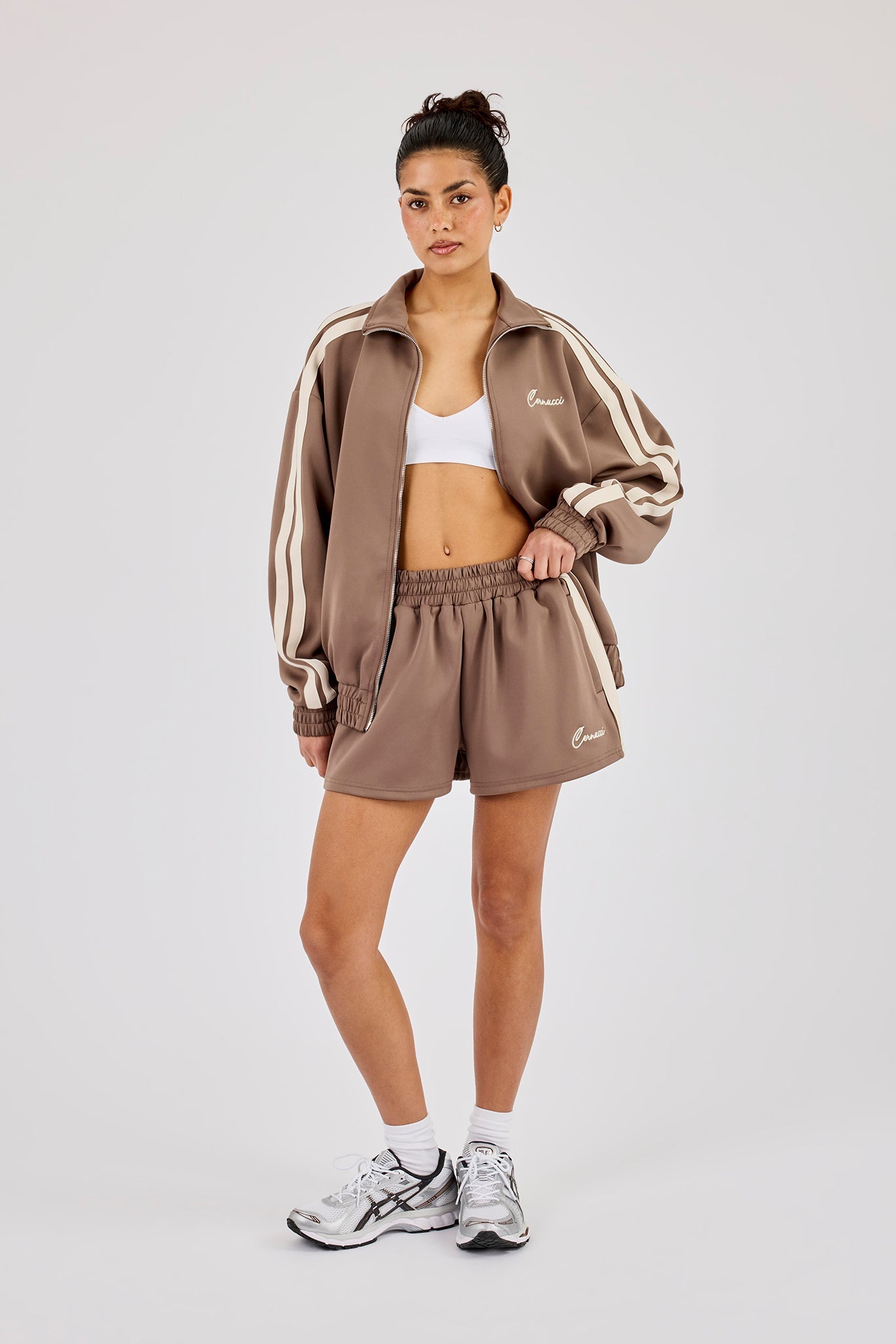 Funnel Neck Taping Zip Through Track Jacket & Taping Short - Taupe