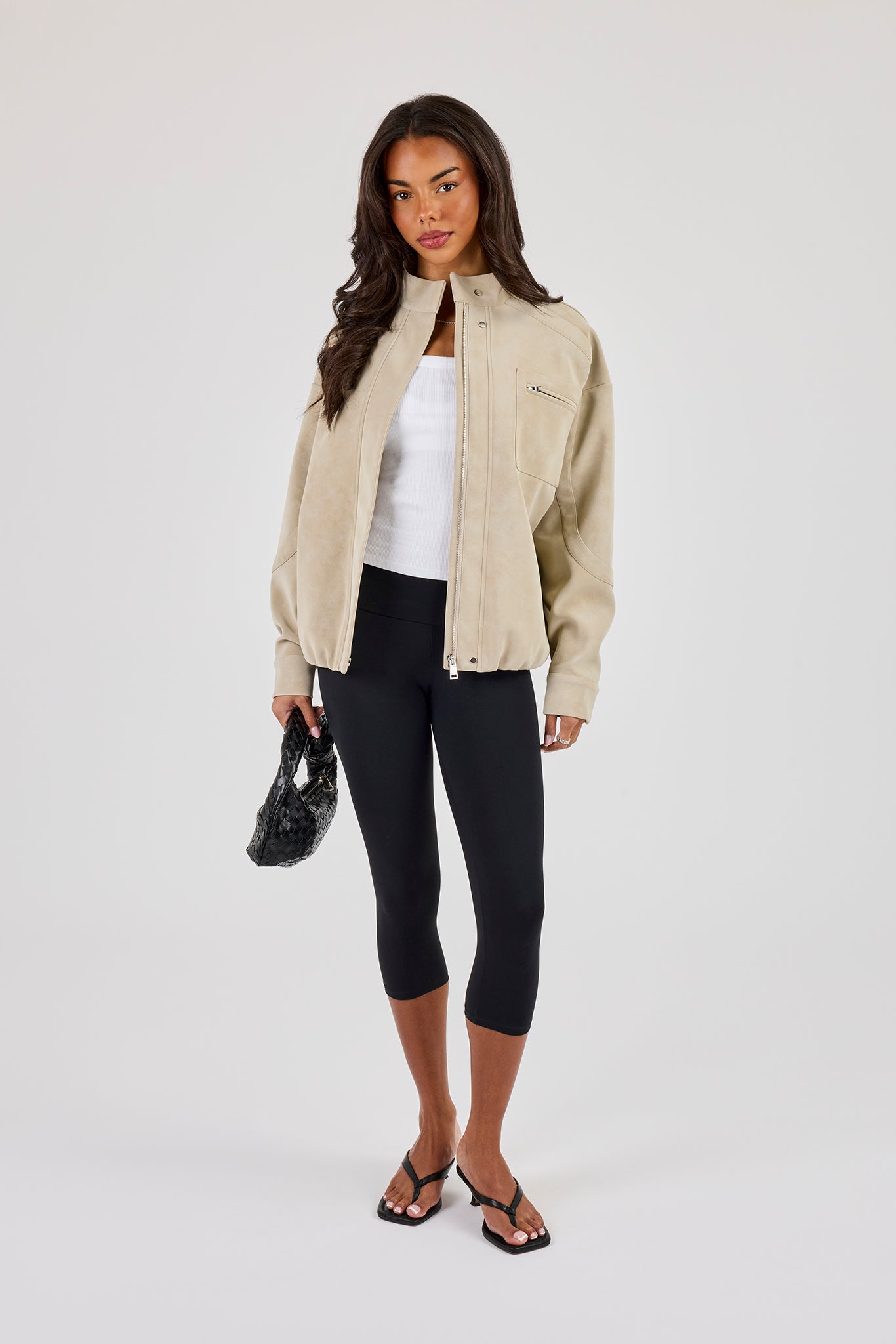 Suede Funnel Neck Jacket - Taupe