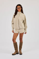 Suede Funnel Neck Jacket - Taupe