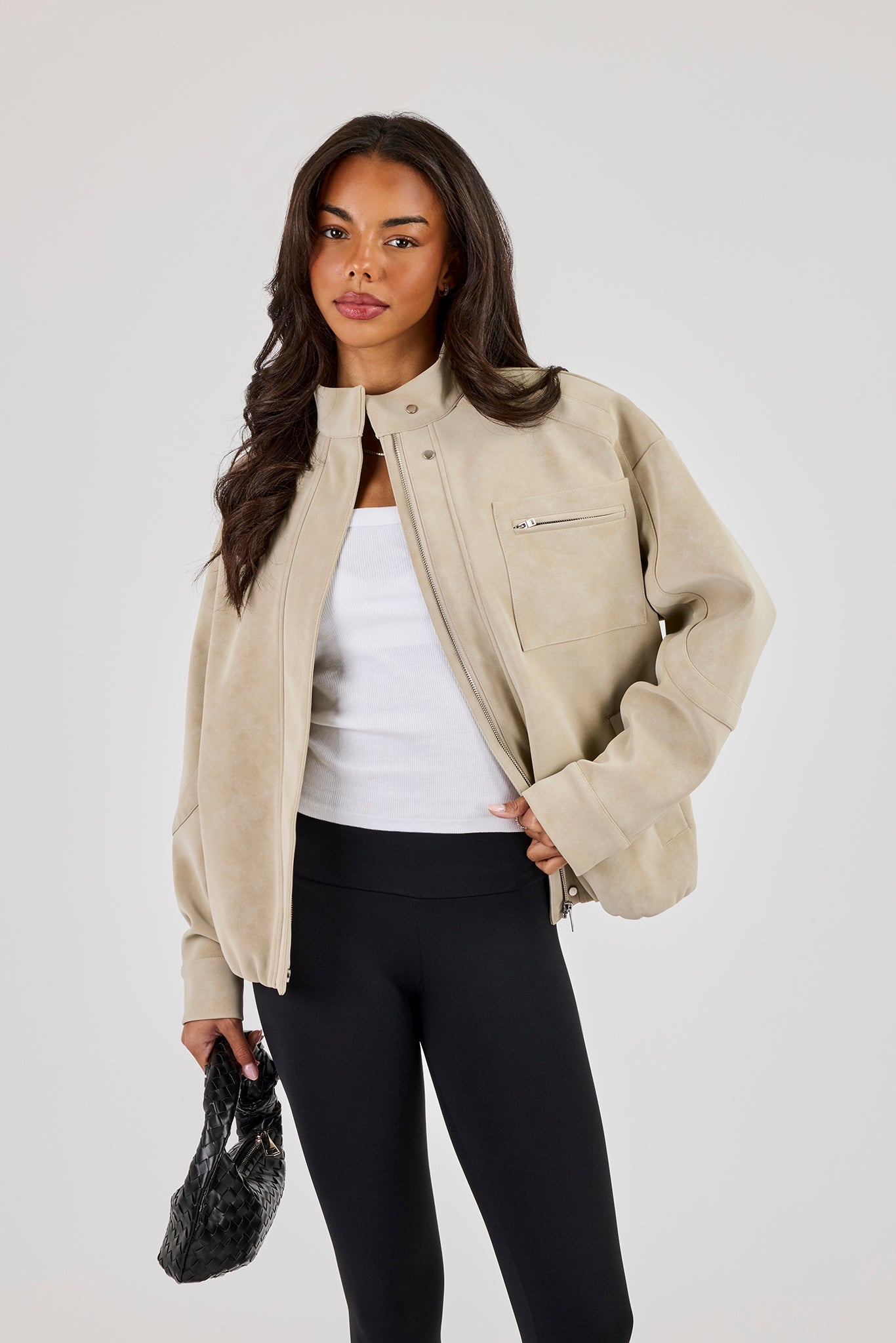 Suede Funnel Neck Jacket - Taupe