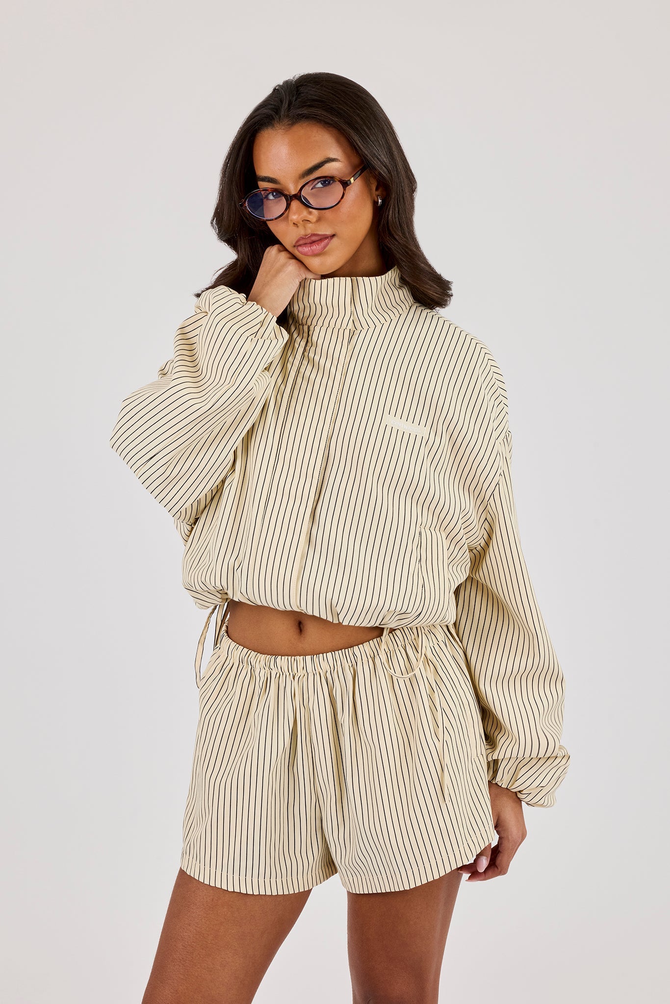 Stripe Nylon Funnel Neck Jacket - Butter Yellow