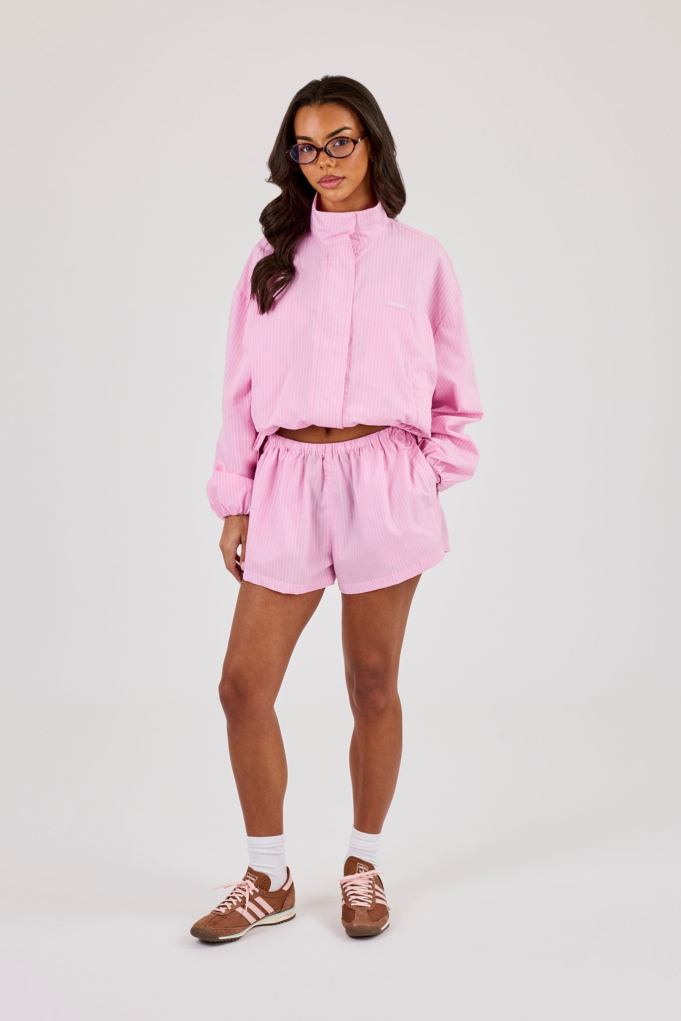 Stripe Nylon Funnel Neck Jacket & Short & Pink