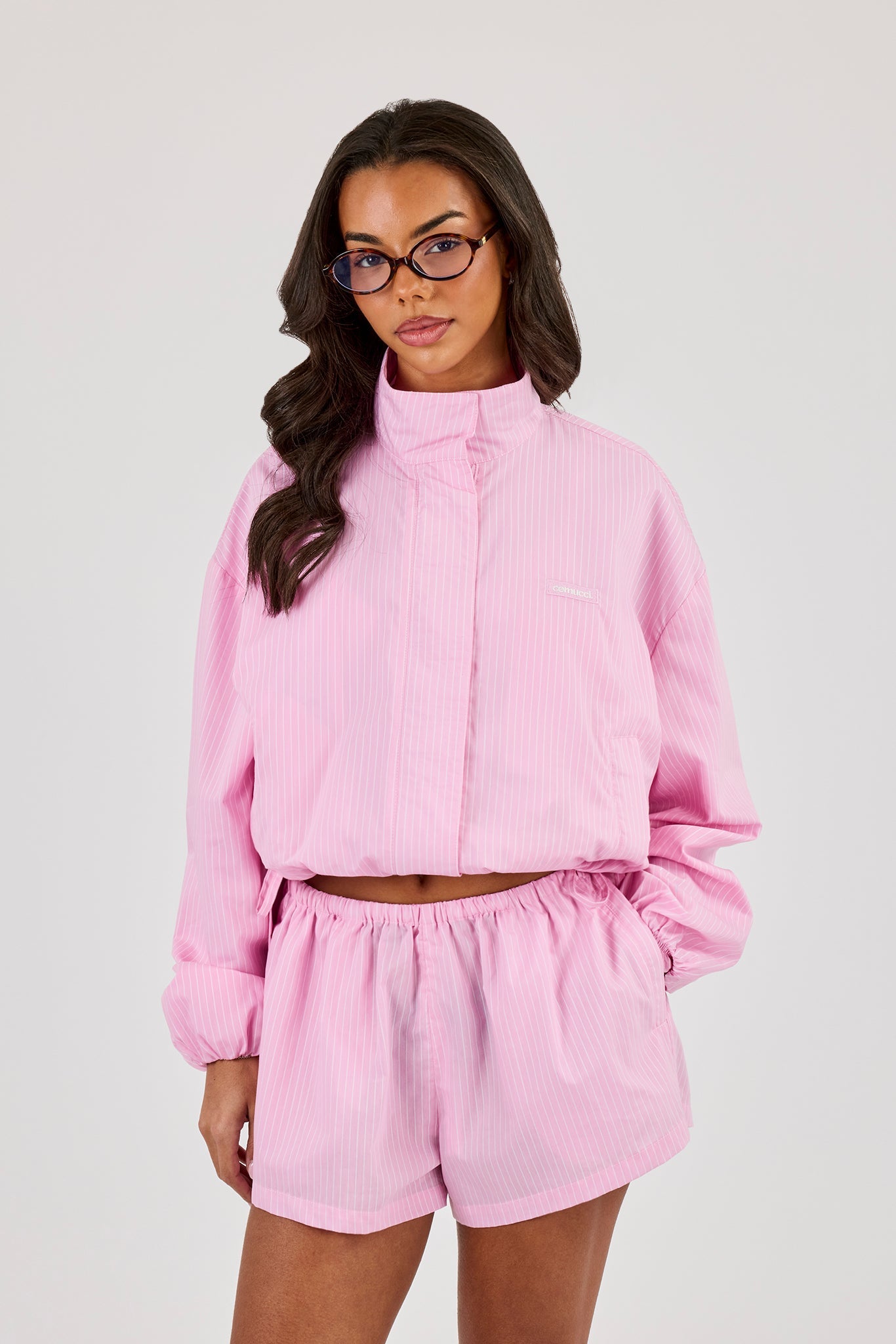 Stripe Nylon Funnel Neck Jacket - Pink