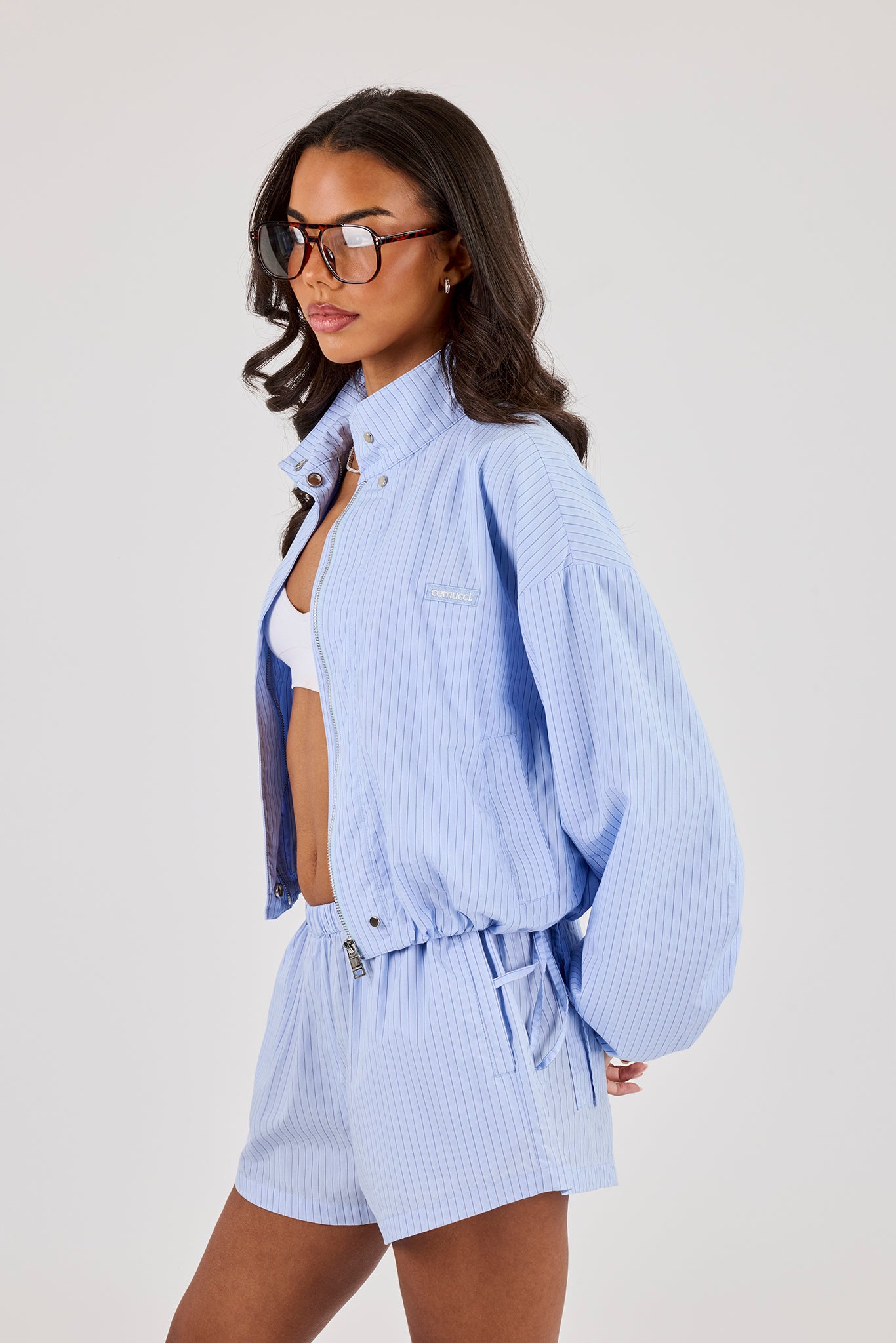 Stripe Nylon Funnel Neck Jacket - Light Blue