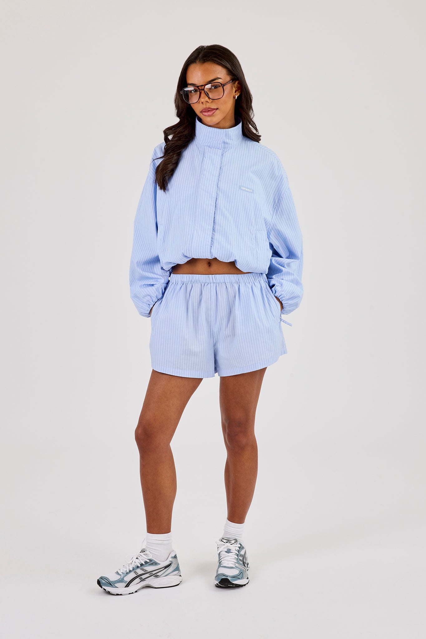 Stripe Nylon Funnel Neck Jacket - Light Blue