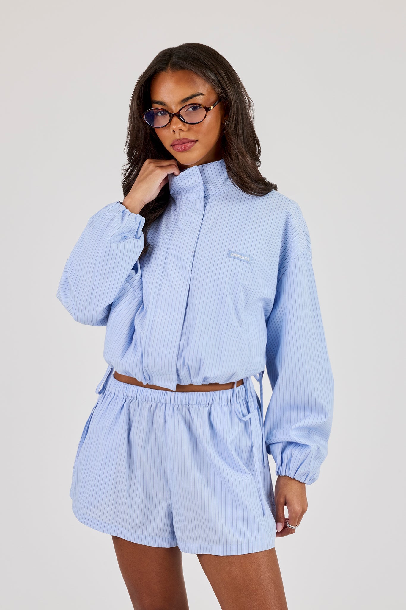 Stripe Nylon Funnel Neck Jacket - Light Blue
