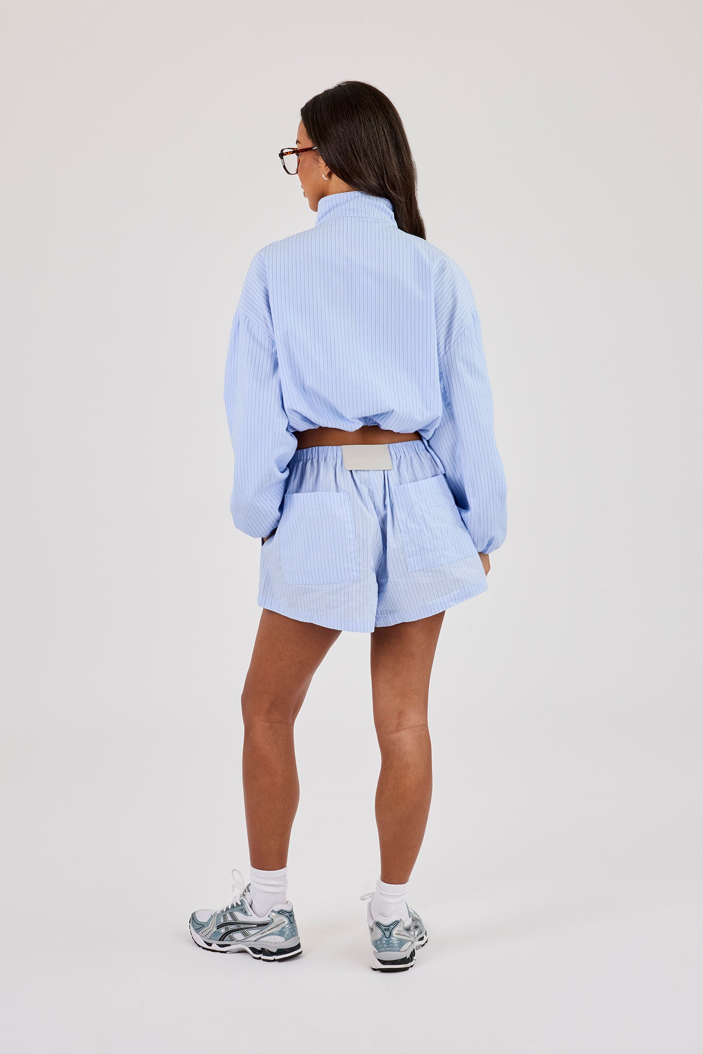 Stripe Nylon Funnel Neck Jacket & Nylon Short - Light Blue