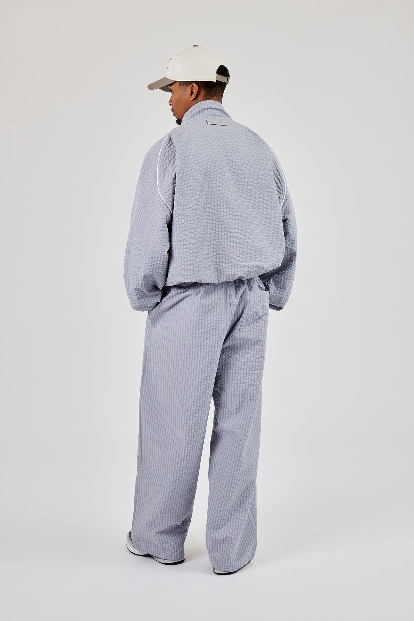 Oversized Nylon Check Funnel Neck Windbreaker & Trouser - Light Grey