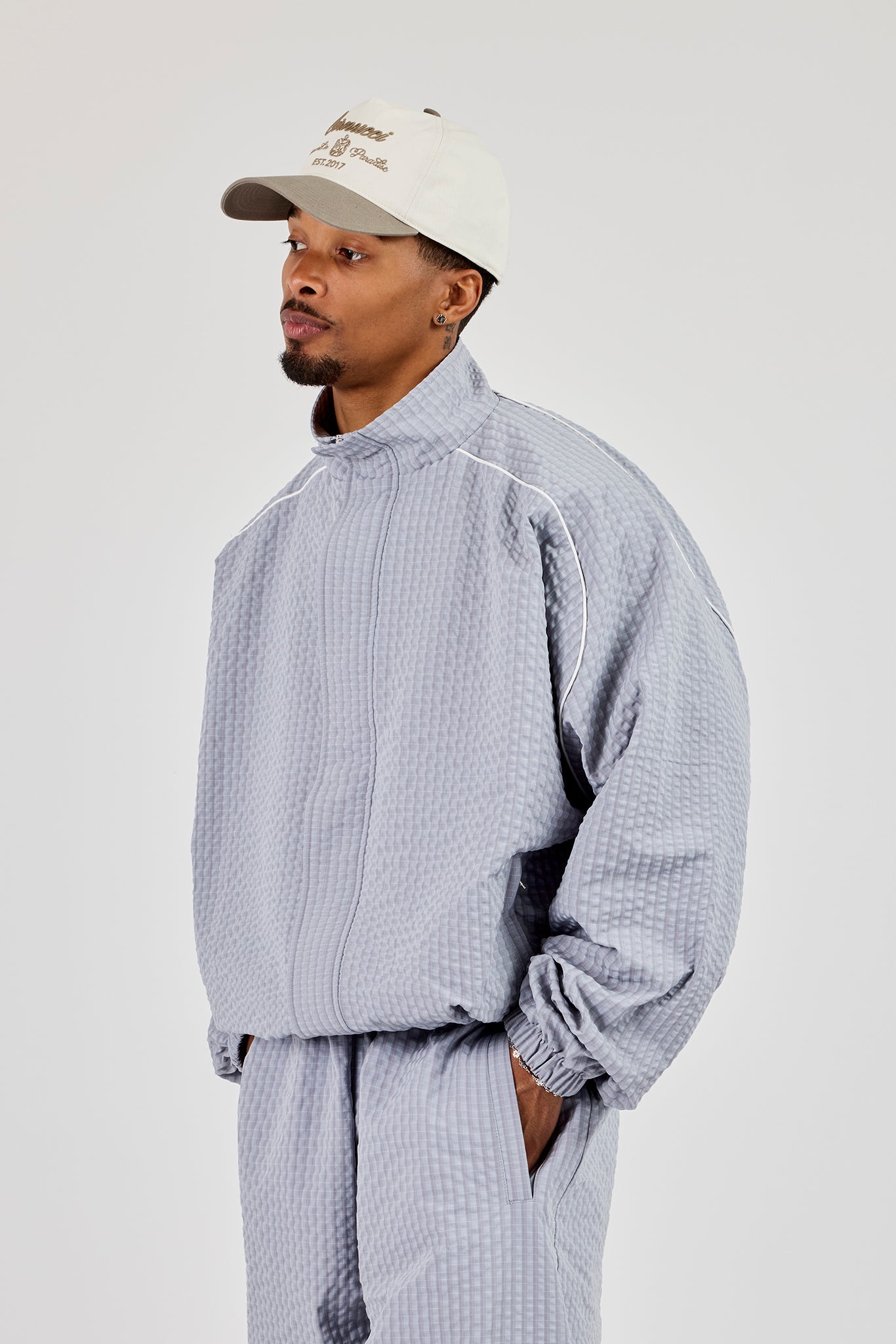 Oversized Nylon Check Funnel Neck Windbreaker - Light Grey