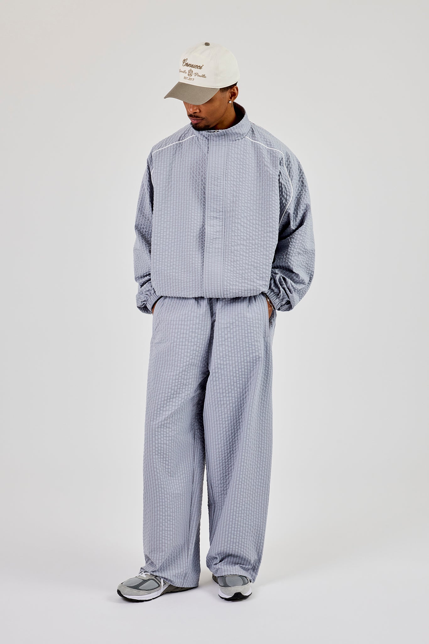 Oversized Nylon Check Funnel Neck Windbreaker & Trouser - Light Grey