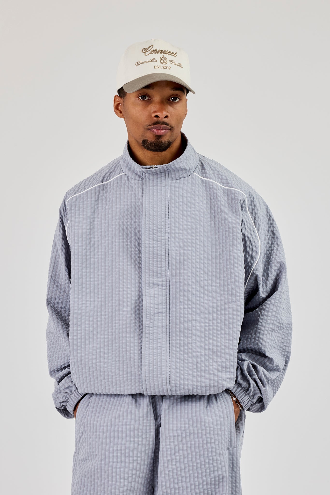 Oversized Nylon Check Funnel Neck Windbreaker - Light Grey