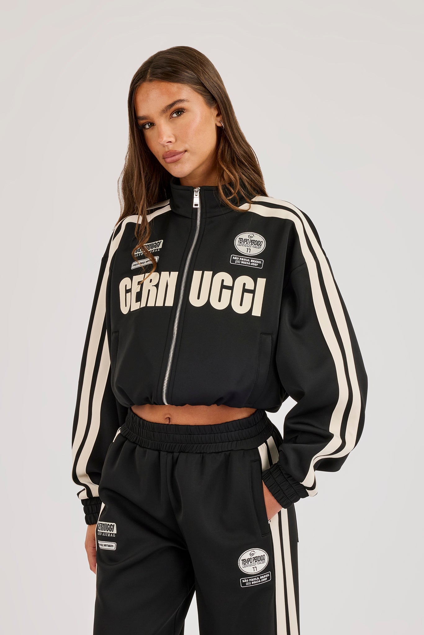 Cropped Taping Badge Logo Track Jacket - Black