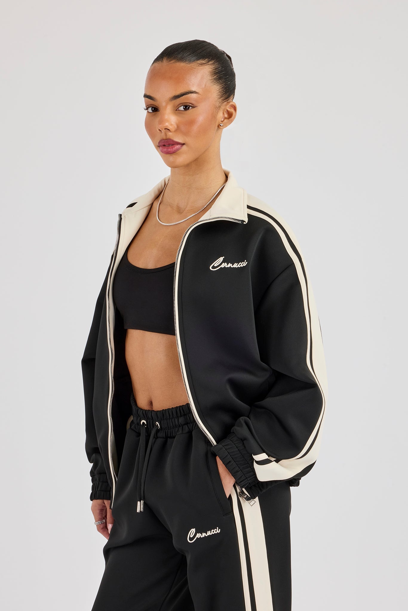 Taping Contrast Collar Track Jacket - Black