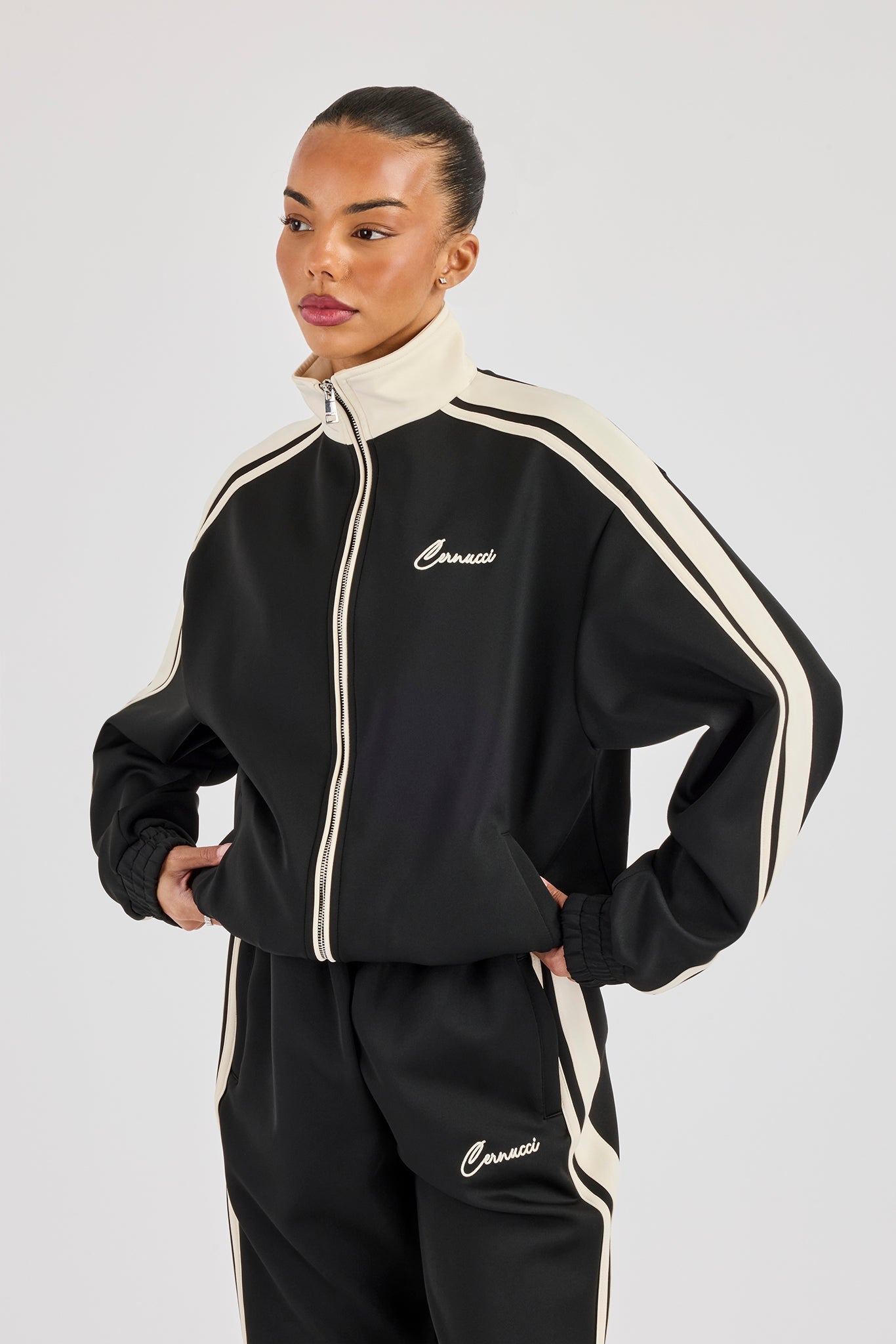 Taping Contrast Collar Track Jacket - Black