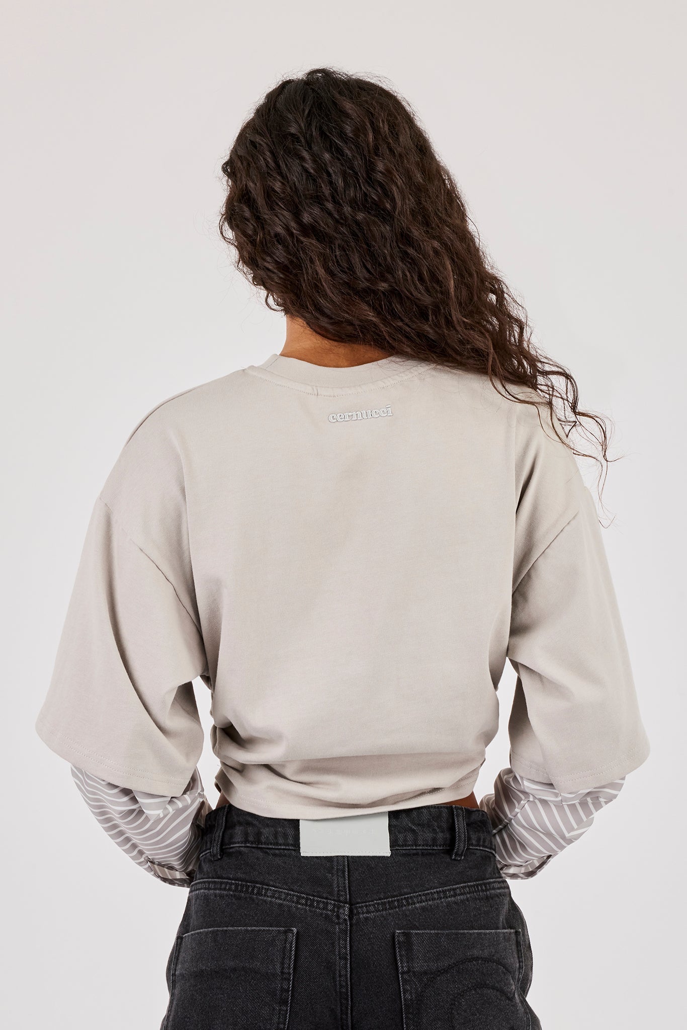 Cropped Oversized T-Shirt With Layered Shirt - Light Grey