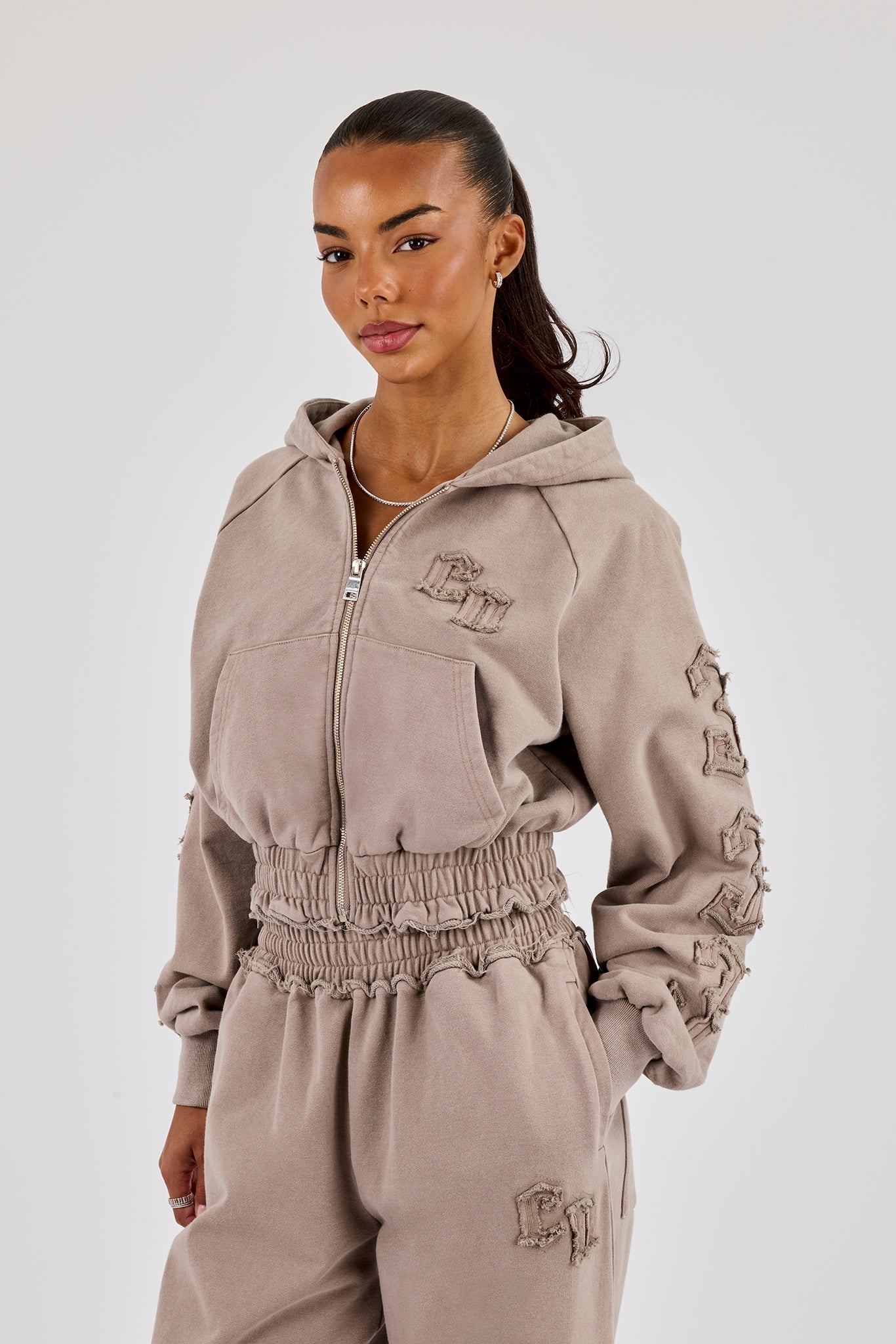 Applique Cropped Zip Hoodie - Washed Taupe
