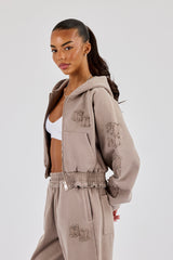 Applique Cropped Zip Hoodie - Washed Taupe